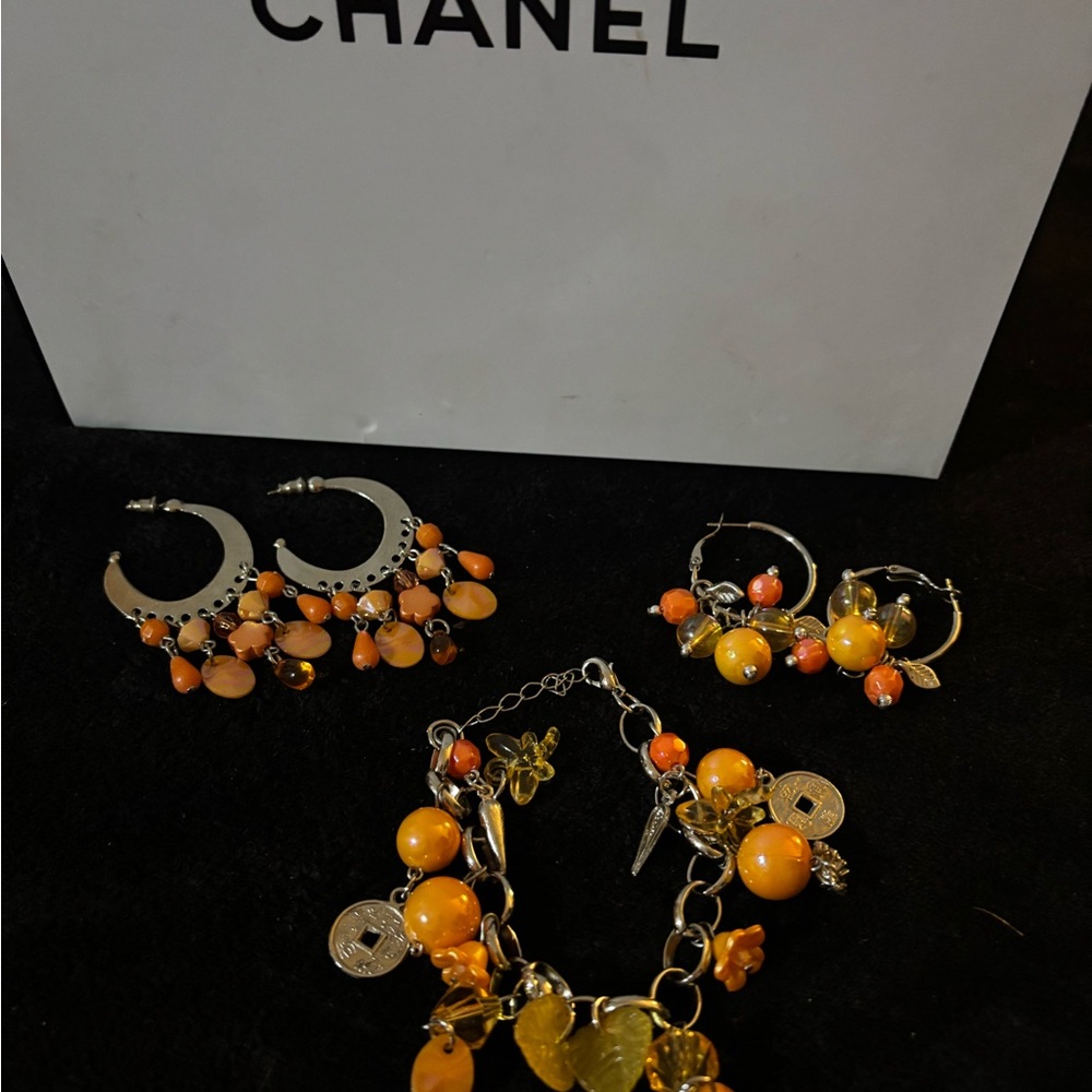 Orange and Gold Hoop Earrings with Vibrant Charms